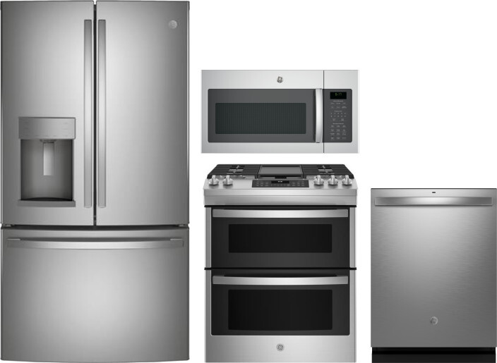 GE 4 Piece Kitchen Appliances Package with French Door Refrigerator, Gas Range, Dishwasher and Over the Range Microwave in Stainless Steel GERERADWMW1