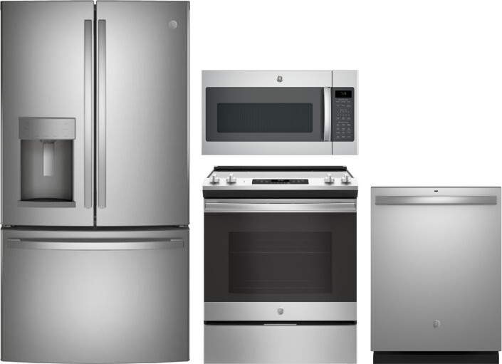 GE 4 Piece Kitchen Appliances Package with French Door Refrigerator, Electric Range, Dishwasher and Over the Range Microwave in Stainless Steel GERERA