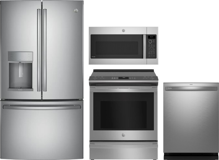 GE Profile 4 Piece Kitchen Appliances Package with French Door Refrigerator, Electric Range, Dishwasher and Over the Range Microwave in Stainless Stee