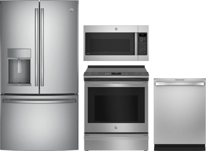 GE Profile 4 Piece Kitchen Appliances Package with French Door Refrigerator, Electric Range, Dishwasher and Over the Range Microwave in Stainless Stee