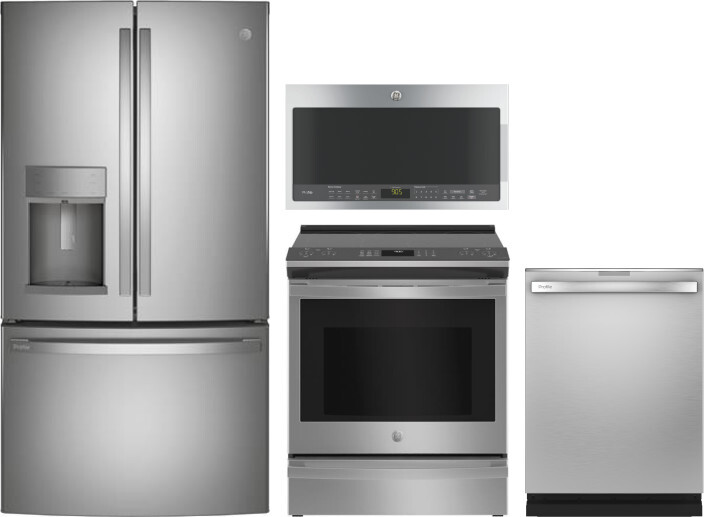 GE Profile 4 Piece Kitchen Appliances Package with French Door Refrigerator, Electric Range, Dishwasher and Over the Range Microwave in Stainless Stee