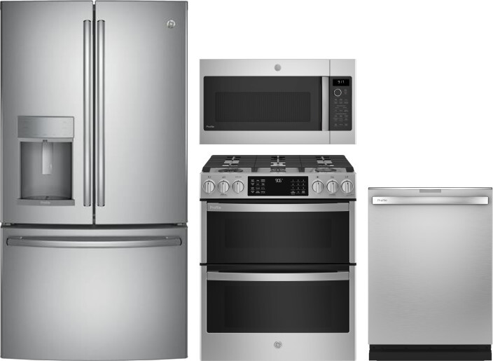 GE Profile 4 Piece Kitchen Appliances Package with French Door Refrigerator, Gas Range, Dishwasher and Over the Range Microwave in Stainless Steel GER