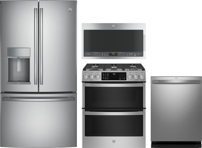 GE Profile 4 Piece Kitchen Appliances Package with French Door Refrigerator, Gas Range, Dishwasher and Over the Range Microwave in Stainless Steel GER
