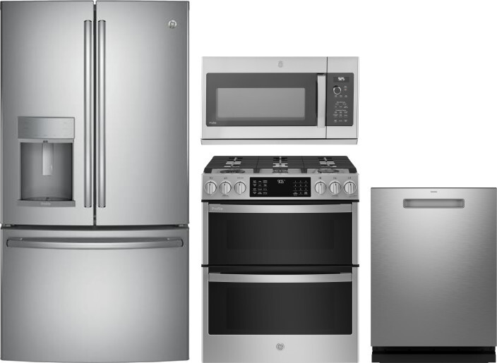 GE Profile 4 Piece Kitchen Appliances Package with French Door Refrigerator, Gas Range, Dishwasher and Over the Range Microwave in Stainless Steel GER