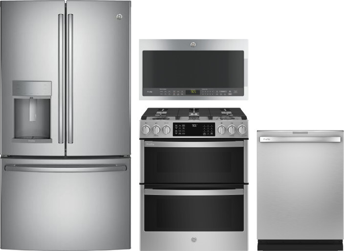GE Profile 4 Piece Kitchen Appliances Package with French Door Refrigerator, Gas Range, Dishwasher and Over the Range Microwave in Stainless Steel GER