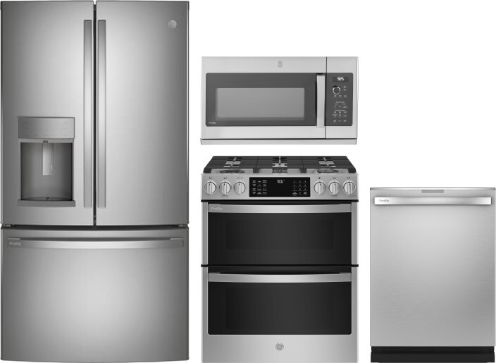 GE Profile 4 Piece Kitchen Appliances Package with French Door Refrigerator, Gas Range, Dishwasher and Over the Range Microwave in Stainless Steel GER