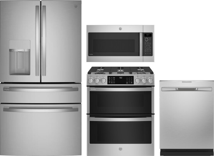 GE Profile 4 Piece Kitchen Appliances Package with French Door Refrigerator, Gas Range, Dishwasher and Over the Range Microwave in Stainless Steel GER