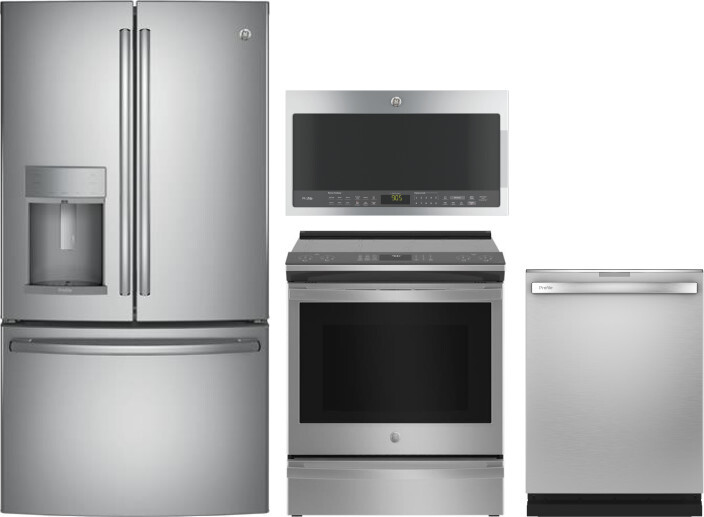 GE Profile 4 Piece Kitchen Appliances Package with French Door Refrigerator, Induction Range, Dishwasher and Over the Range Microwave in Stainless Ste
