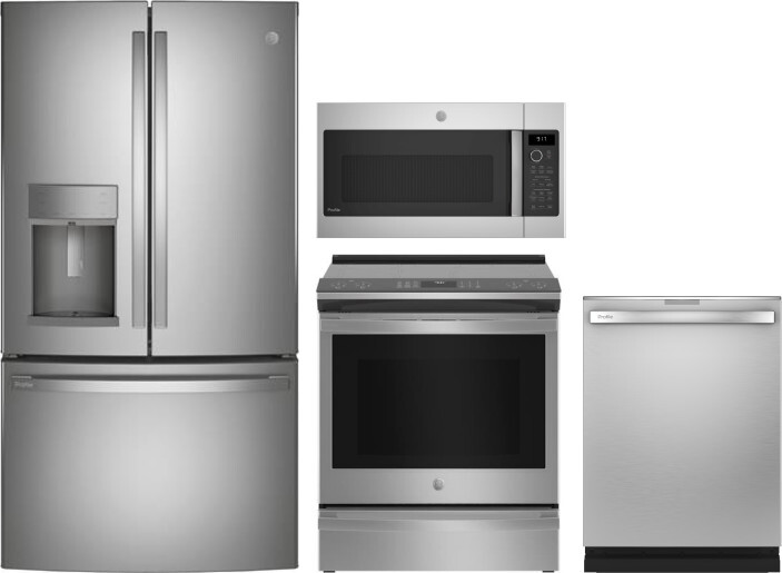 GE Profile 4 Piece Kitchen Appliances Package with French Door Refrigerator, Induction Range, Dishwasher and Over the Range Microwave in Stainless Ste