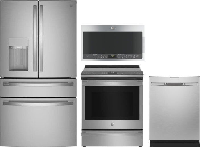 GE Profile 4 Piece Kitchen Appliances Package with French Door Refrigerator, Induction Range, Dishwasher and Over the Range Microwave in Stainless Ste