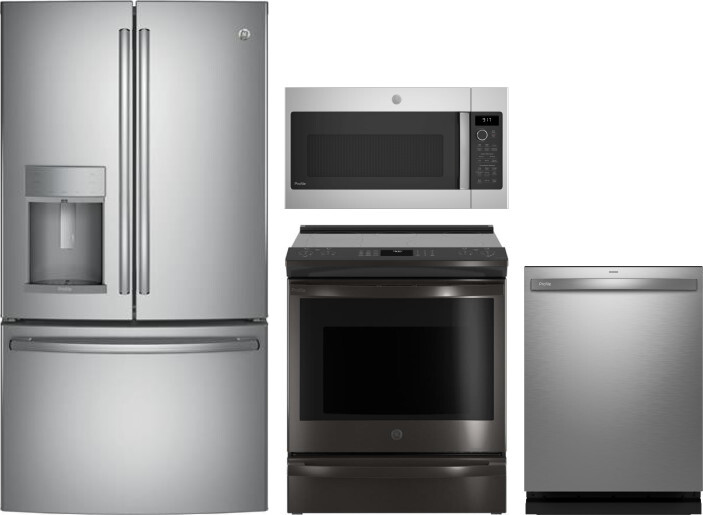 GE Profile 4 Piece Kitchen Appliances Package with French Door Refrigerator, Electric Range, Dishwasher and Over the Range Microwave in Stainless Stee