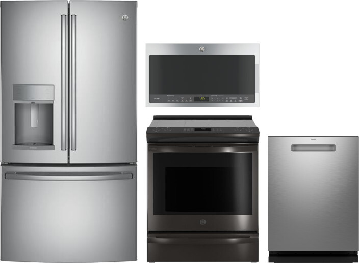 GE Profile 4 Piece Kitchen Appliances Package with French Door Refrigerator, Electric Range, Dishwasher and Over the Range Microwave in Stainless Stee