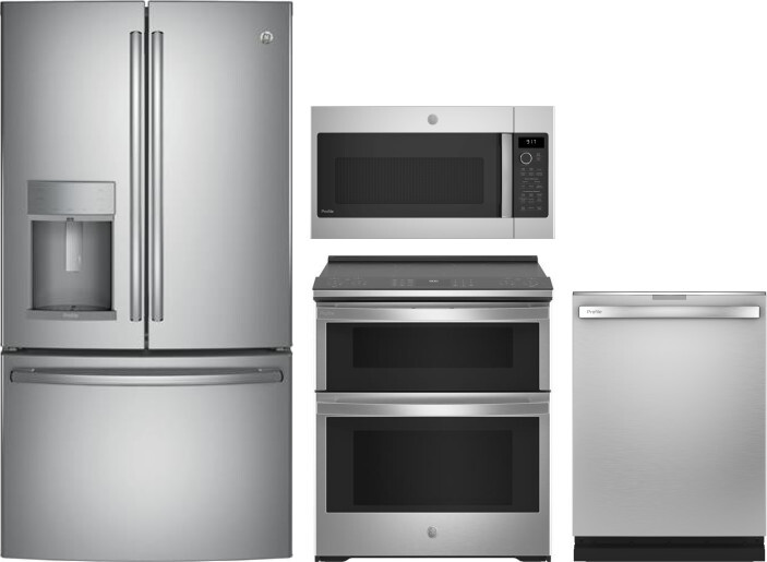 GE Profile 4 Piece Kitchen Appliances Package with French Door Refrigerator, Electric Range, Dishwasher and Over the Range Microwave in Stainless Stee