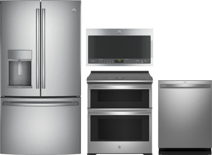GE Profile 4 Piece Kitchen Appliances Package with French Door Refrigerator, Electric Range, Dishwasher and Over the Range Microwave in Stainless Stee