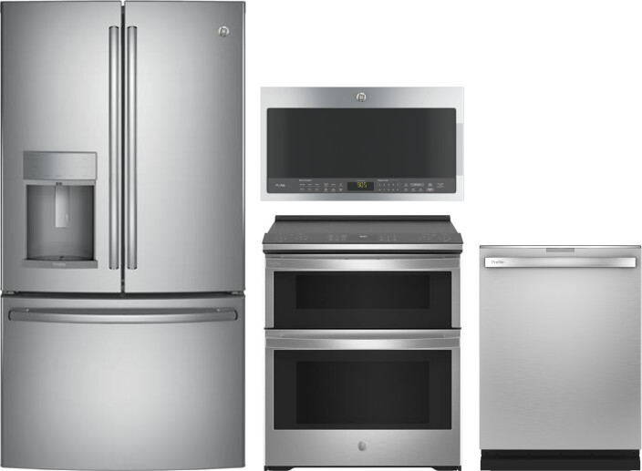 GE Profile 4 Piece Kitchen Appliances Package with French Door Refrigerator, Electric Range, Dishwasher and Over the Range Microwave in Stainless Stee