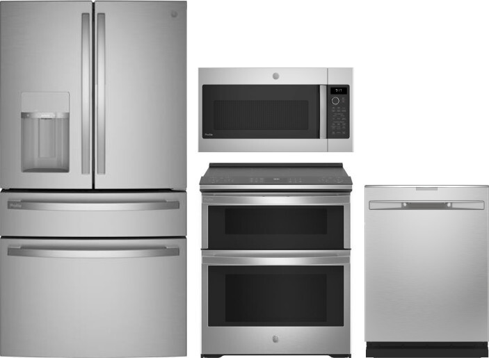 GE Profile 4 Piece Kitchen Appliances Package with French Door Refrigerator, Electric Range, Dishwasher and Over the Range Microwave in Stainless Stee