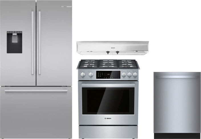 Bosch 4 Piece Kitchen Appliances Package with French Door Refrigerator, Gas Range and Dishwasher in Stainless Steel BORERADWRH798