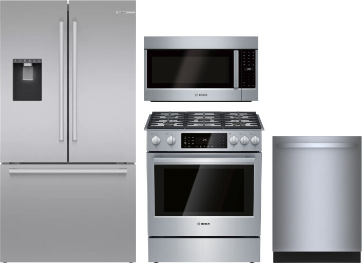 Bosch 4 Piece Kitchen Appliances Package with French Door Refrigerator, Dual Fuel Range, Dishwasher and Over the Range Microwave in Stainless Steel BO