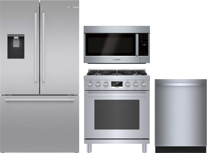 Bosch 4 Piece Kitchen Appliances Package with French Door Refrigerator, Gas Range, Dishwasher and Over the Range Microwave in Stainless Steel BORERADW