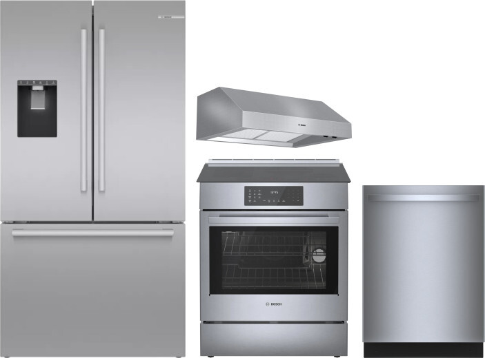 Bosch 4 Piece Kitchen Appliances Package with French Door Refrigerator, Induction Range and Dishwasher in Stainless Steel BORERADWRH800