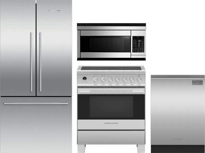 Fisher & Paykel 4 Piece Kitchen Appliances Package with French Door Refrigerator, Induction Range, Dishwasher and Over the Range Microwave in Stainles