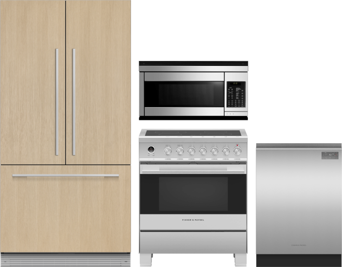 Fisher & Paykel 4 Piece Kitchen Appliances Package with French Door Refrigerator, Electric Range, Dishwasher and Over the Range Microwave in Panel Rea