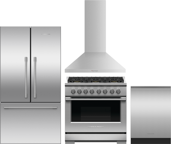 Fisher & Paykel 4 Piece Kitchen Appliances Package with French Door Refrigerator, Gas Range and Dishwasher in Stainless Steel FPRERADWRH6552