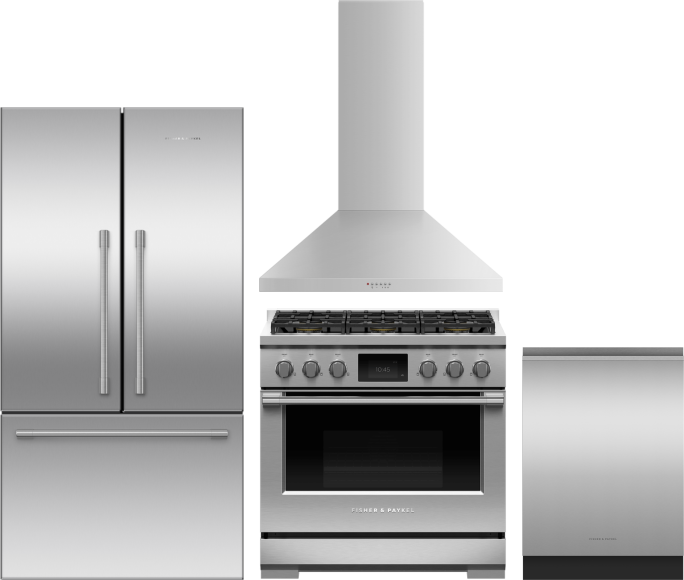 Fisher & Paykel 4 Piece Kitchen Appliances Package with French Door Refrigerator, Dual Fuel Range and Dishwasher in Stainless Steel FPRERADWRH6554