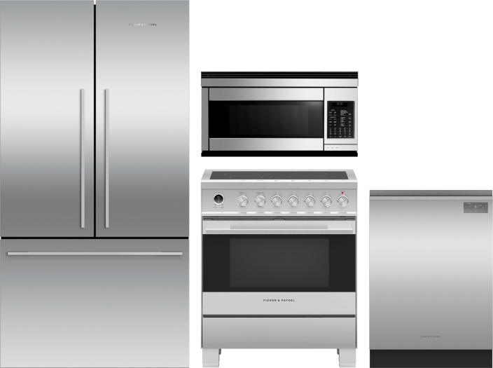 Fisher & Paykel 4 Piece Kitchen Appliances Package with French Door Refrigerator, Electric Range, Dishwasher and Over the Range Microwave in Stainless -  FPRERADWMW4013