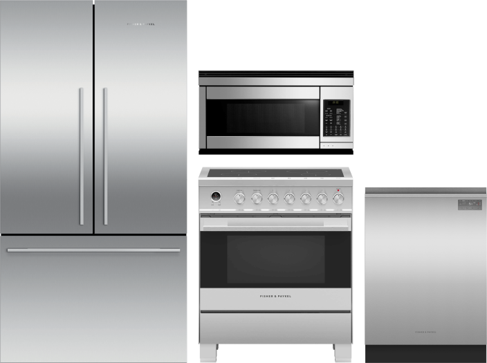 Fisher & Paykel 4 Piece Kitchen Appliances Package with French Door Refrigerator, Induction Range, Dishwasher and Over the Range Microwave in Stainles