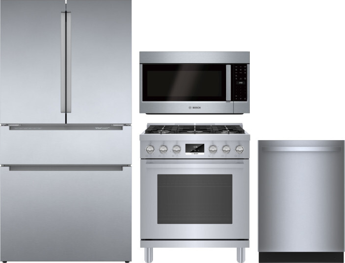 Bosch 4 Piece Kitchen Appliances Package with French Door Refrigerator, Gas Range, Dishwasher and Over the Range Microwave in Stainless Steel BORERADW
