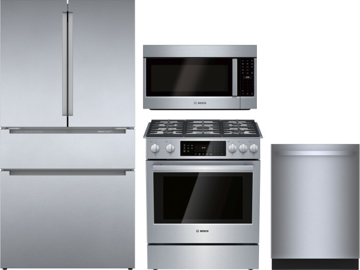 Bosch 4 Piece Kitchen Appliances Package with French Door Refrigerator, Gas Range, Dishwasher and Over the Range Microwave in Stainless Steel BORERADW