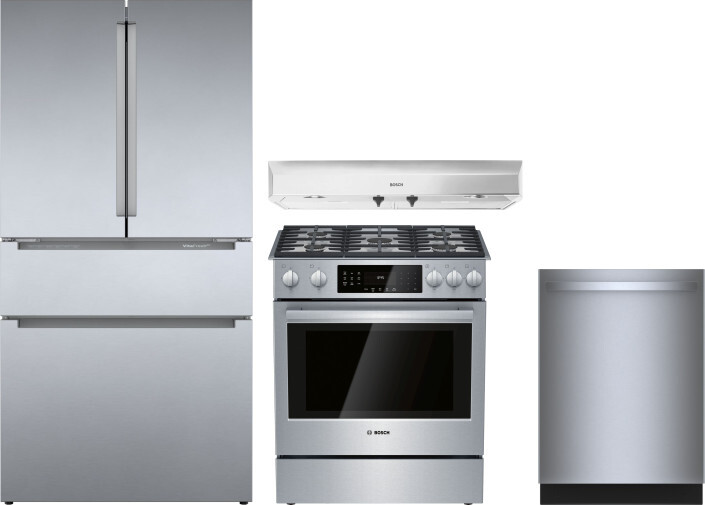 Bosch 4 Piece Kitchen Appliances Package with French Door Refrigerator, Gas Range and Dishwasher in Stainless Steel BORERADWRH801