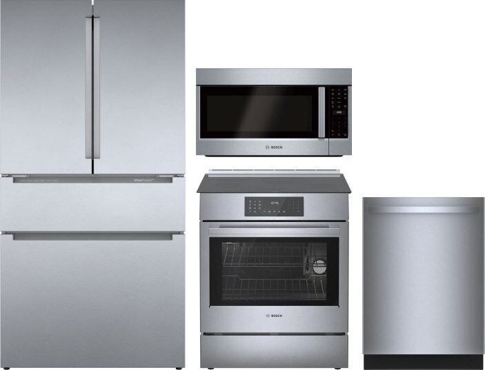 Bosch 4 Piece Kitchen Appliances Package with French Door Refrigerator, Induction Range, Dishwasher and Over the Range Microwave in Stainless Steel BO