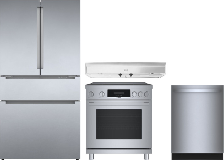 Bosch 4 Piece Kitchen Appliances Package with French Door Refrigerator, Induction Range and Dishwasher in Stainless Steel BORERADWRH802