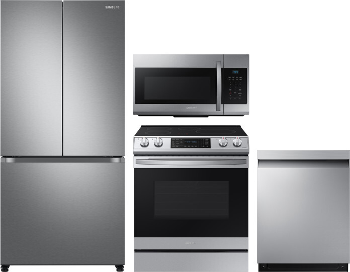 Samsung 4 Piece Kitchen Appliances Package with French Door Refrigerator, Induction Range, Dishwasher and Over the Range Microwave in Stainless Steel 