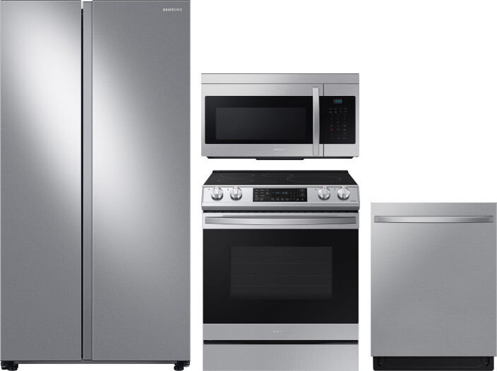 Samsung 4 Piece Kitchen Appliances Package with Side-by-Side Refrigerator, Induction Range, Dishwasher and Over the Range Microwave in Stainless Steel