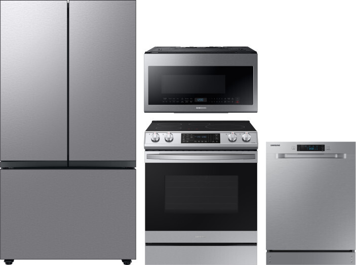 Samsung 4 Piece Kitchen Appliances Package with French Door Refrigerator, Induction Range, Dishwasher and Over the Range Microwave in Stainless Steel 