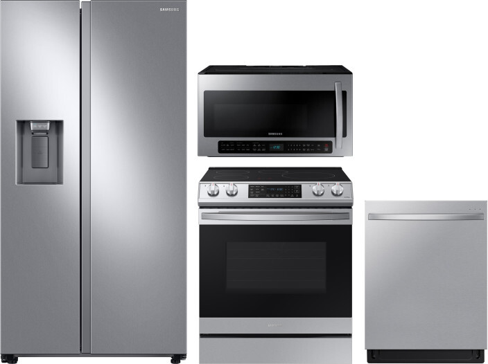 Samsung 4 Piece Kitchen Appliances Package with Side-by-Side Refrigerator, Induction Range, Dishwasher and Over the Range Microwave in Stainless Steel