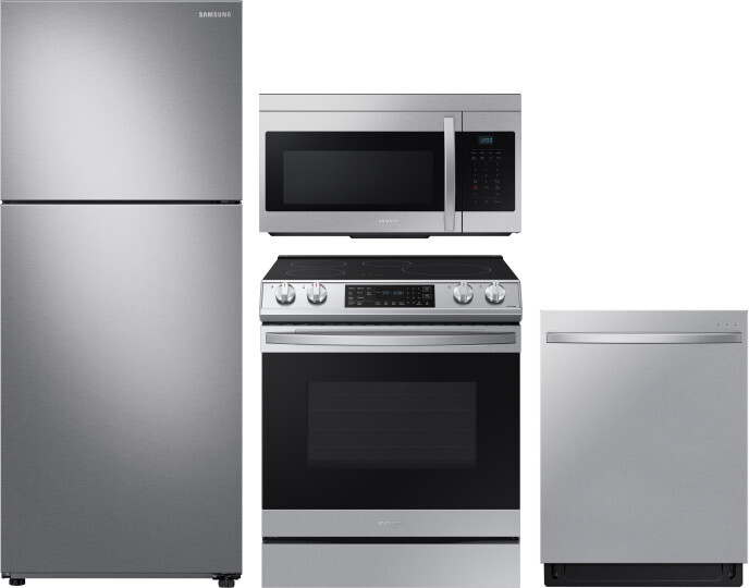 Samsung 4 Piece Kitchen Appliances Package with Top Freezer Refrigerator, Induction Range, Dishwasher and Over the Range Microwave in Stainless Steel 