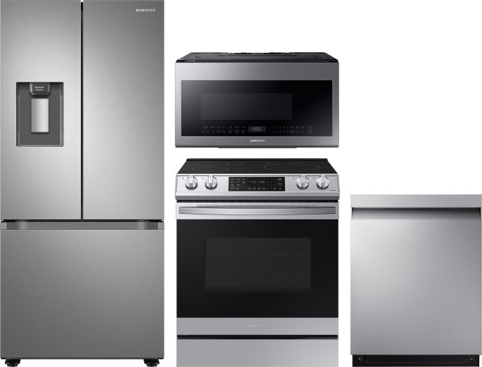 Samsung 4 Piece Kitchen Appliances Package with French Door Refrigerator, Induction Range, Dishwasher and Over the Range Microwave in Stainless Steel 