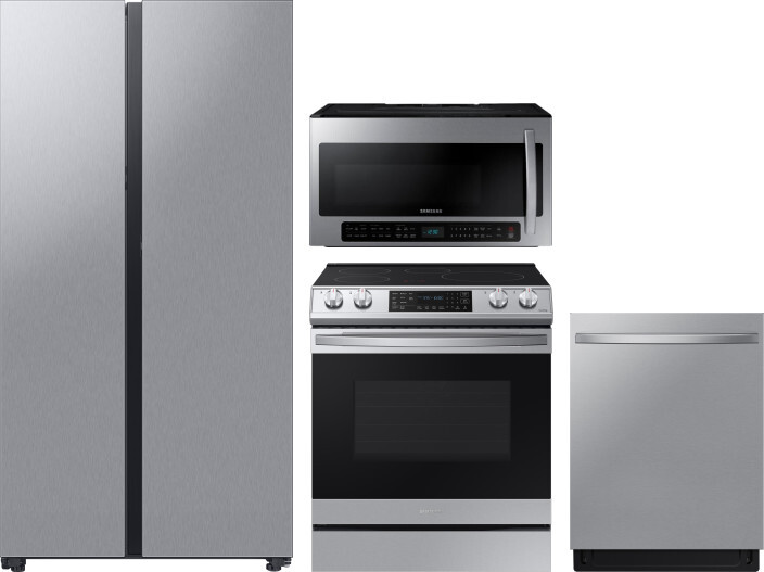 Samsung 4 Piece Kitchen Appliances Package with Side-by-Side Refrigerator, Induction Range, Dishwasher and Over the Range Microwave in Stainless Steel