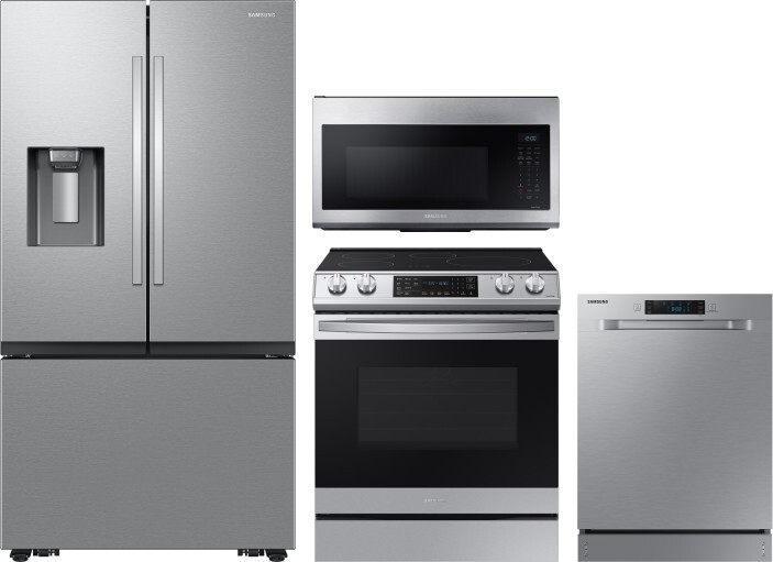 Samsung 4 Piece Kitchen Appliances Package with French Door Refrigerator, Induction Range, Dishwasher and Over the Range Microwave in Stainless Steel 