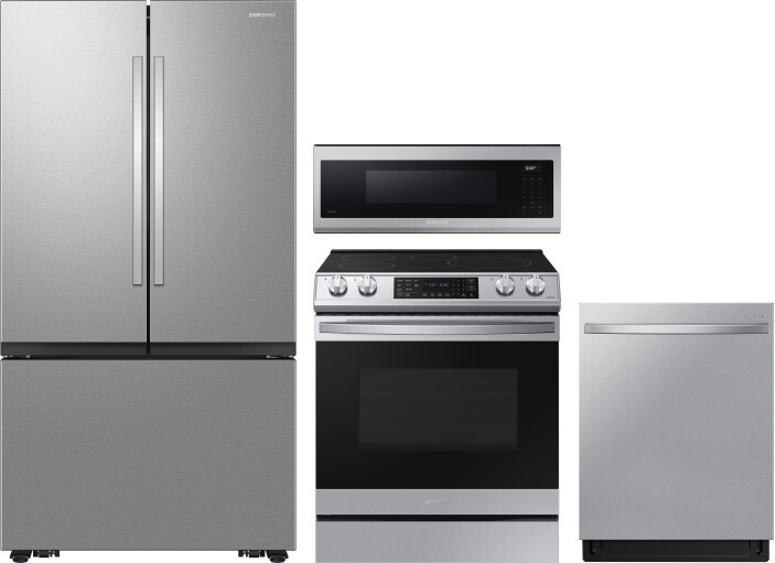 Samsung 4 Piece Kitchen Appliances Package with French Door Refrigerator, Induction Range, Dishwasher and Over the Range Microwave in Stainless Steel 