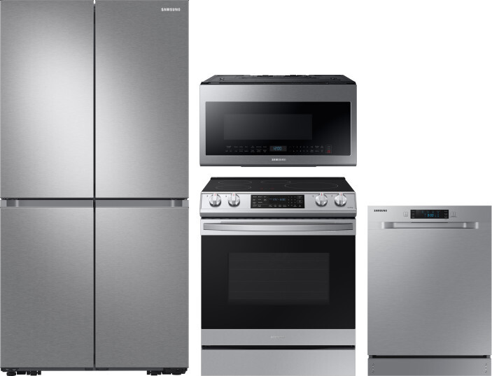 Samsung 4 Piece Kitchen Appliances Package with French Door Refrigerator, Induction Range, Dishwasher and Over the Range Microwave in Stainless Steel 