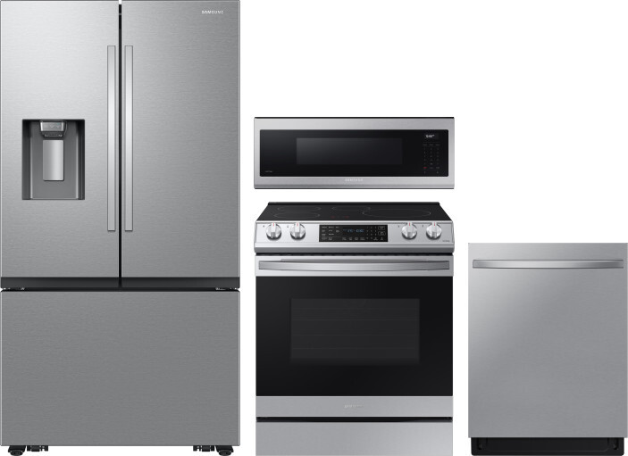 Samsung 4 Piece Kitchen Appliances Package with French Door Refrigerator, Induction Range, Dishwasher and Over the Range Microwave in Stainless Steel 
