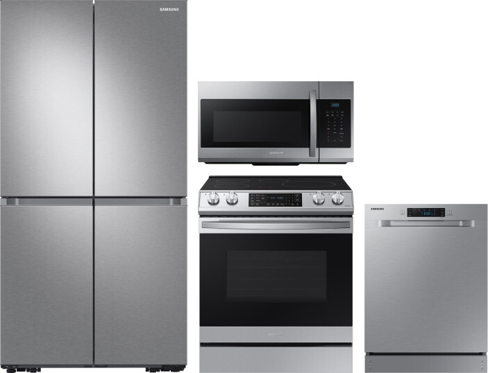 Samsung 4 Piece Kitchen Appliances Package with French Door Refrigerator, Induction Range, Dishwasher and Over the Range Microwave in Stainless Steel 