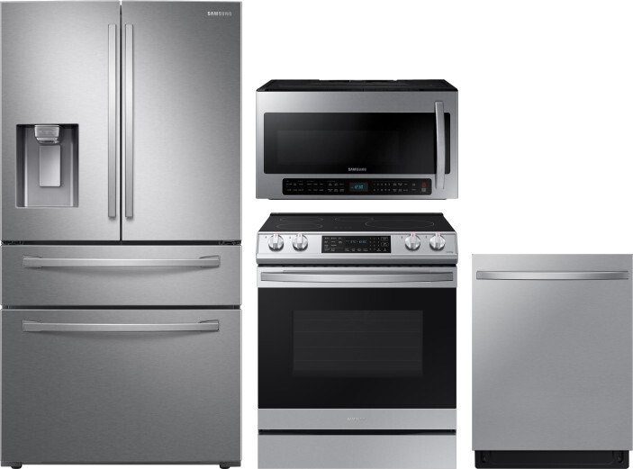 Samsung 4 Piece Kitchen Appliances Package with French Door Refrigerator, Induction Range, Dishwasher and Over the Range Microwave in Stainless Steel 