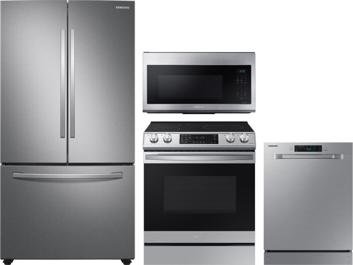 Samsung 4 Piece Kitchen Appliances Package with French Door Refrigerator, Induction Range, Dishwasher and Over the Range Microwave in Stainless Steel 