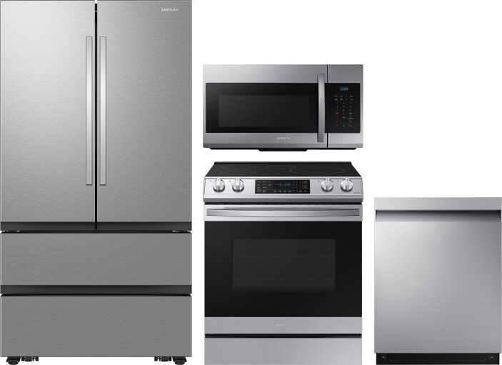 Samsung 4 Piece Kitchen Appliances Package with French Door Refrigerator, Induction Range, Dishwasher and Over the Range Microwave in Stainless Steel 